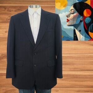 Cricketeer Mens Pinstripe Sport Coat Blazer Two Button Wool Blue Herringbone 43R
